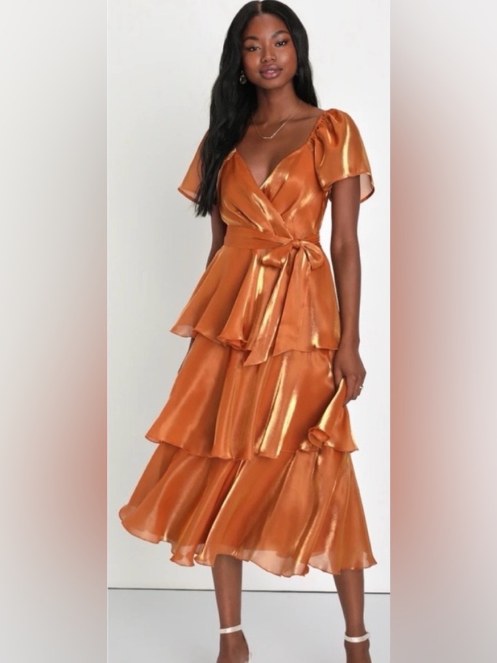 NWT Lulu’s Glowing Spirit Rust Orange Flutter Sleeve Tiered Midi Dress L